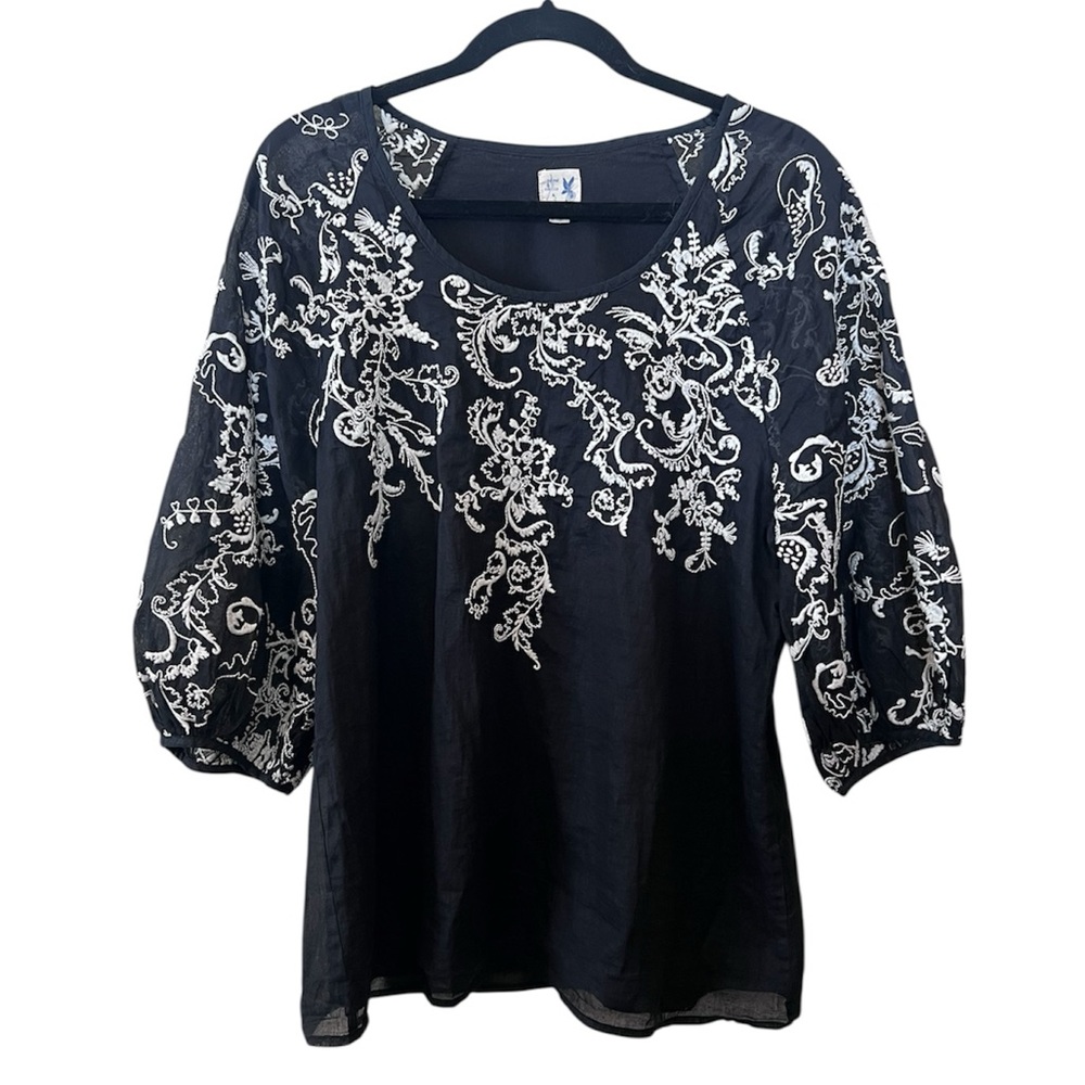 Anthropologie Edme & Esyllte Blouse Embroidery Floral Black Puff Sleeve Size 8